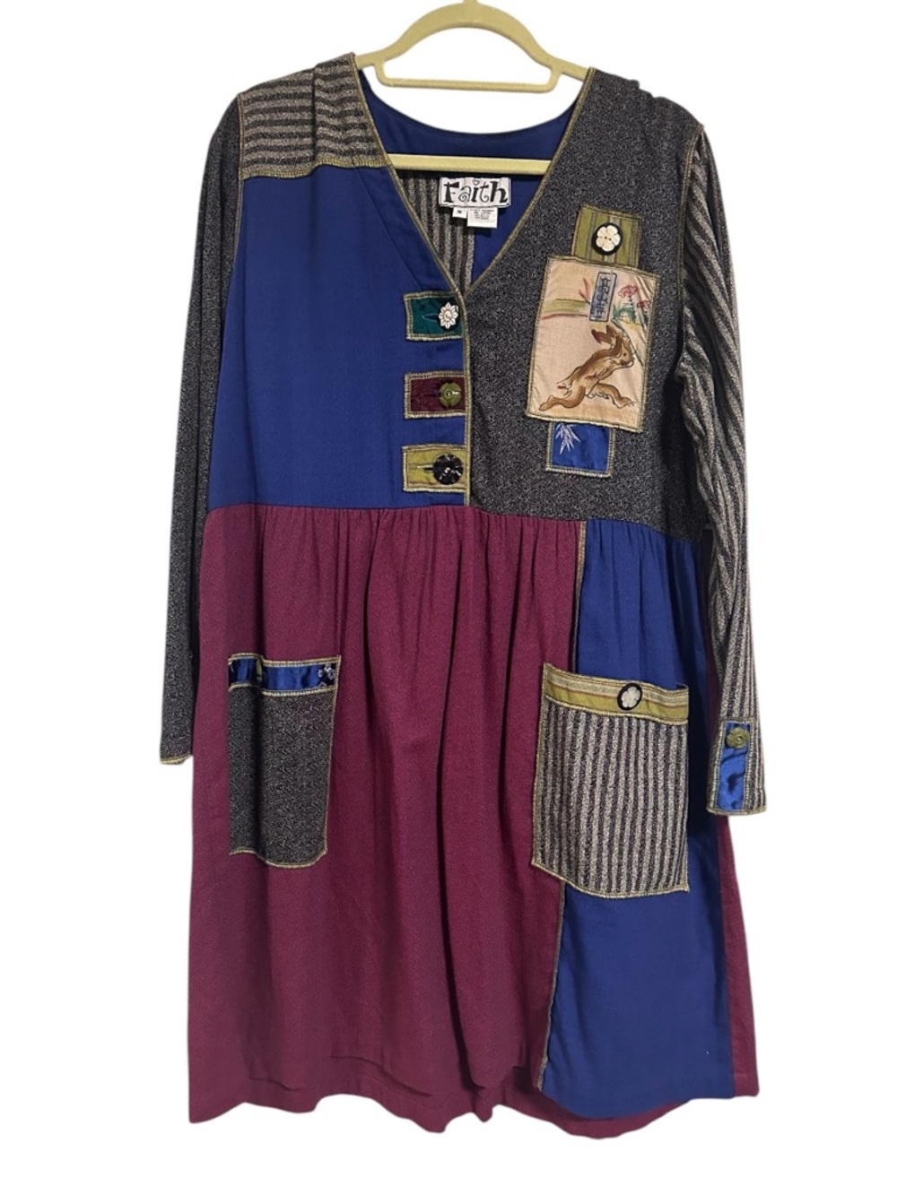 Patchwork Boho Lagenlook Dress M Artsy Pockets Rabbit Frog Appliqué Folk Art EUC